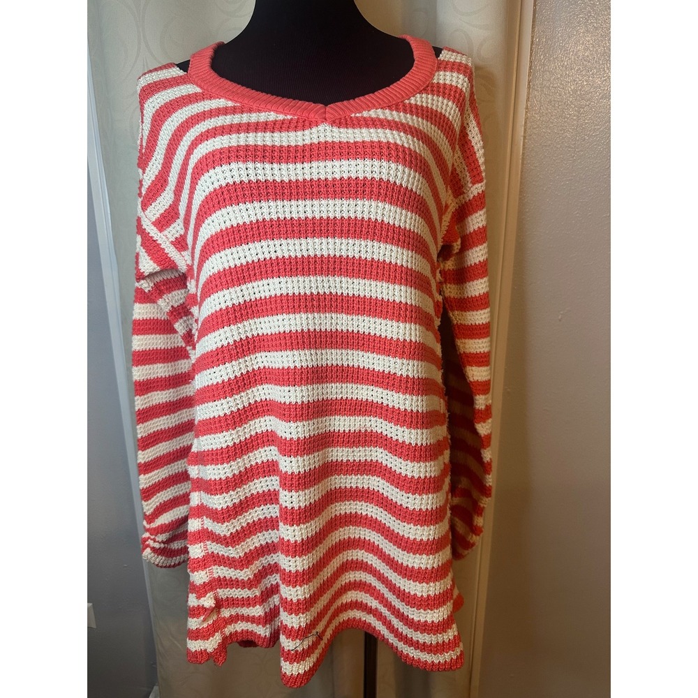 Hayden Los Angeles Coral White Striped Cold Shoulder‎ Knit Sweater L